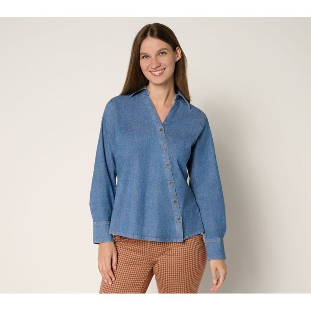 Peace Love World Women's Top Sz M Asymmetric Placket Denim Tie Side Blue A695041